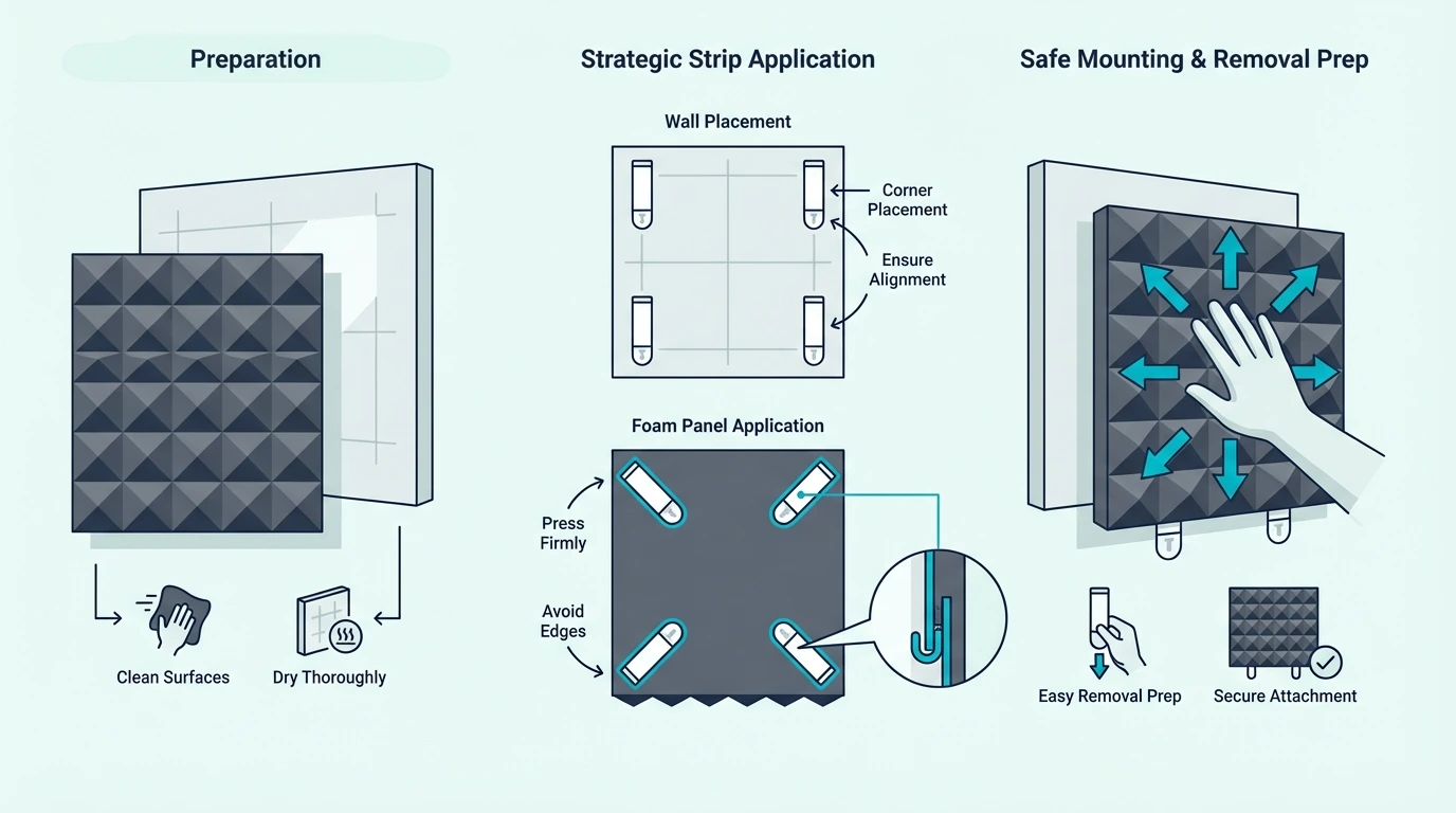 Command strip placement on acoustic foam for safer mounting