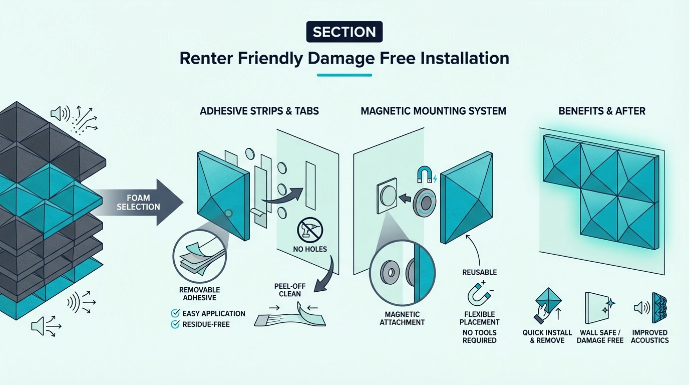 Renter-friendly damage-free acoustic foam installation method