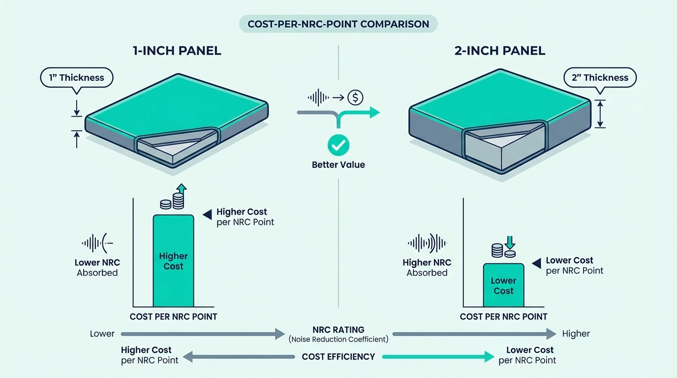 Cost per NRC point comparison for 1-inch and 2-inch panels