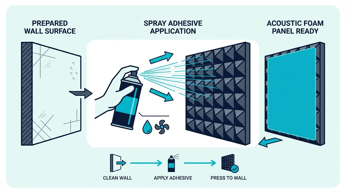 Spray adhesive being applied to an acoustic foam panel