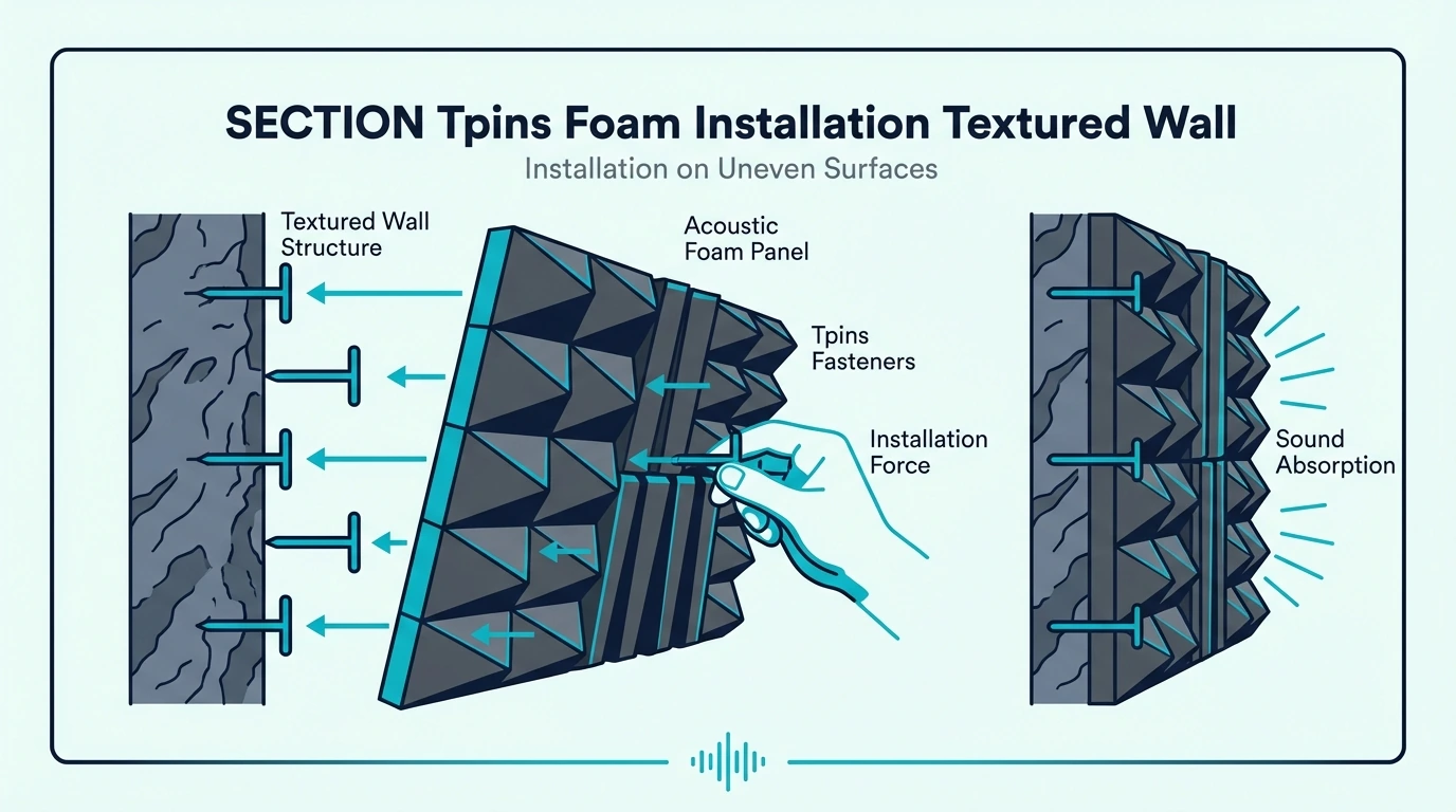 T-pins used to install acoustic foam on a textured wall