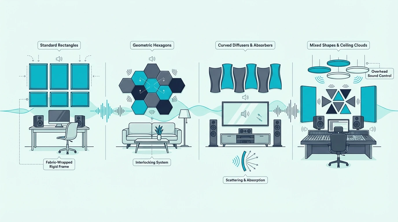 Room examples using different acoustic panel shapes