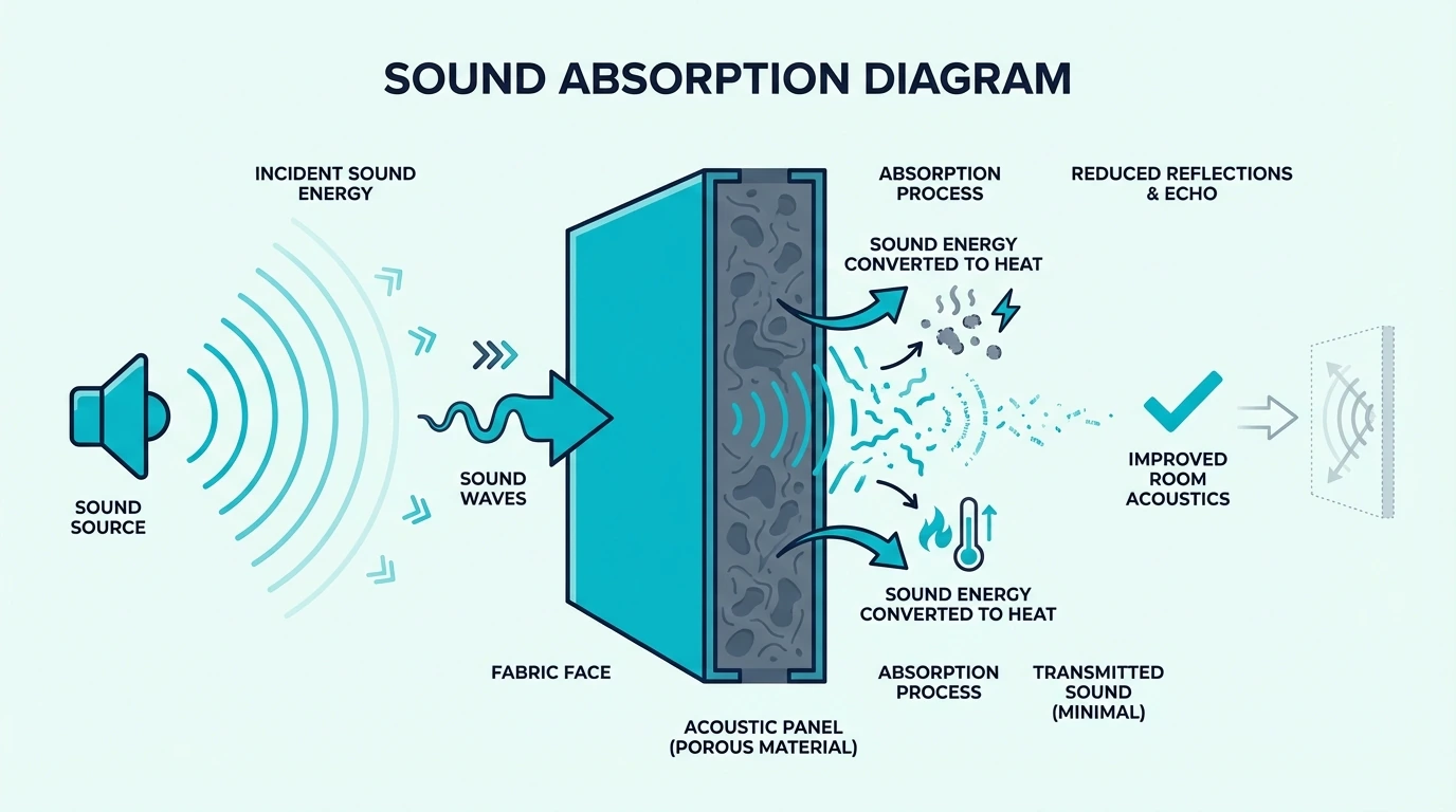 Diagram showing acoustic panels absorbing reflections