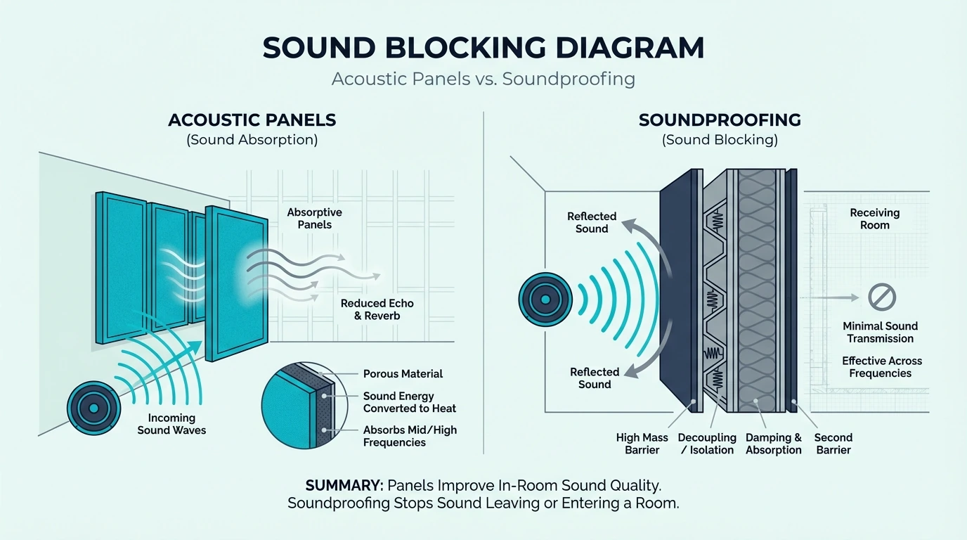 Diagram showing soundproofing blocking noise transfer