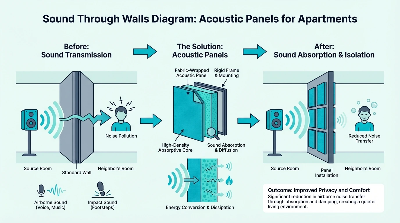 Diagram showing sound passing through apartment walls