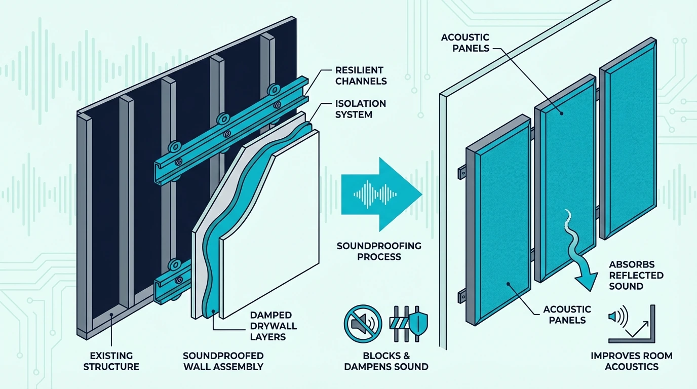 Soundproofed wall construction with added mass and damping
