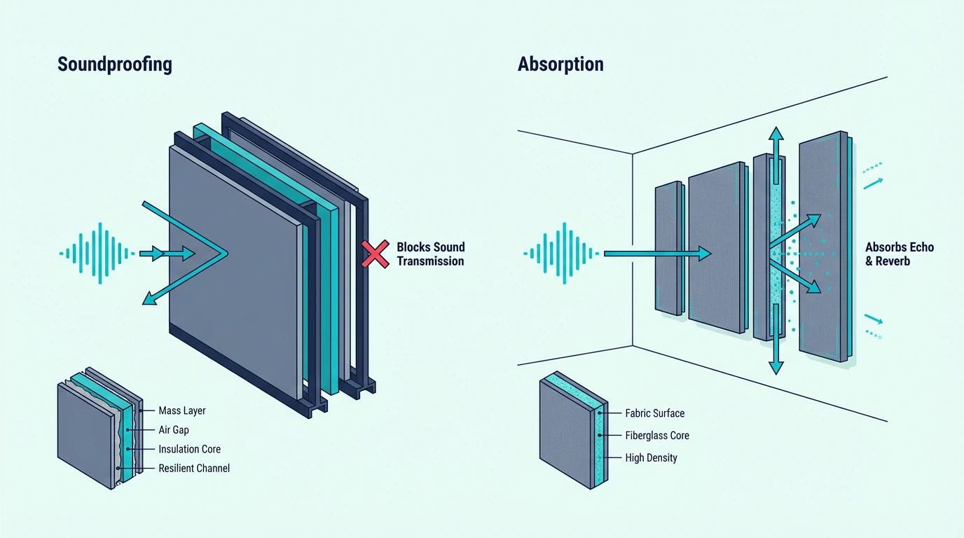 Comparison of soundproofing and sound absorption