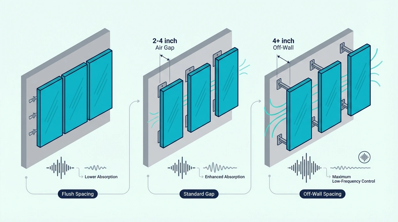 Acoustic panel spacing options on a wall