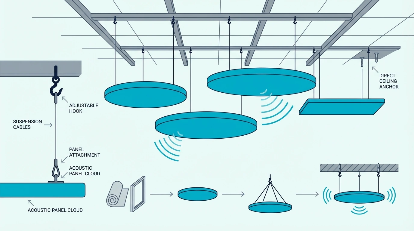 Suspended acoustic cloud panel installation on a ceiling