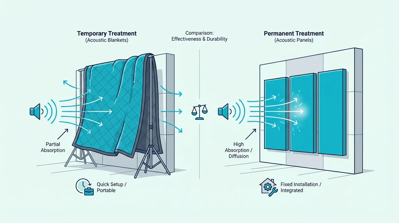 Temporary acoustic blankets compared with permanent acoustic panels