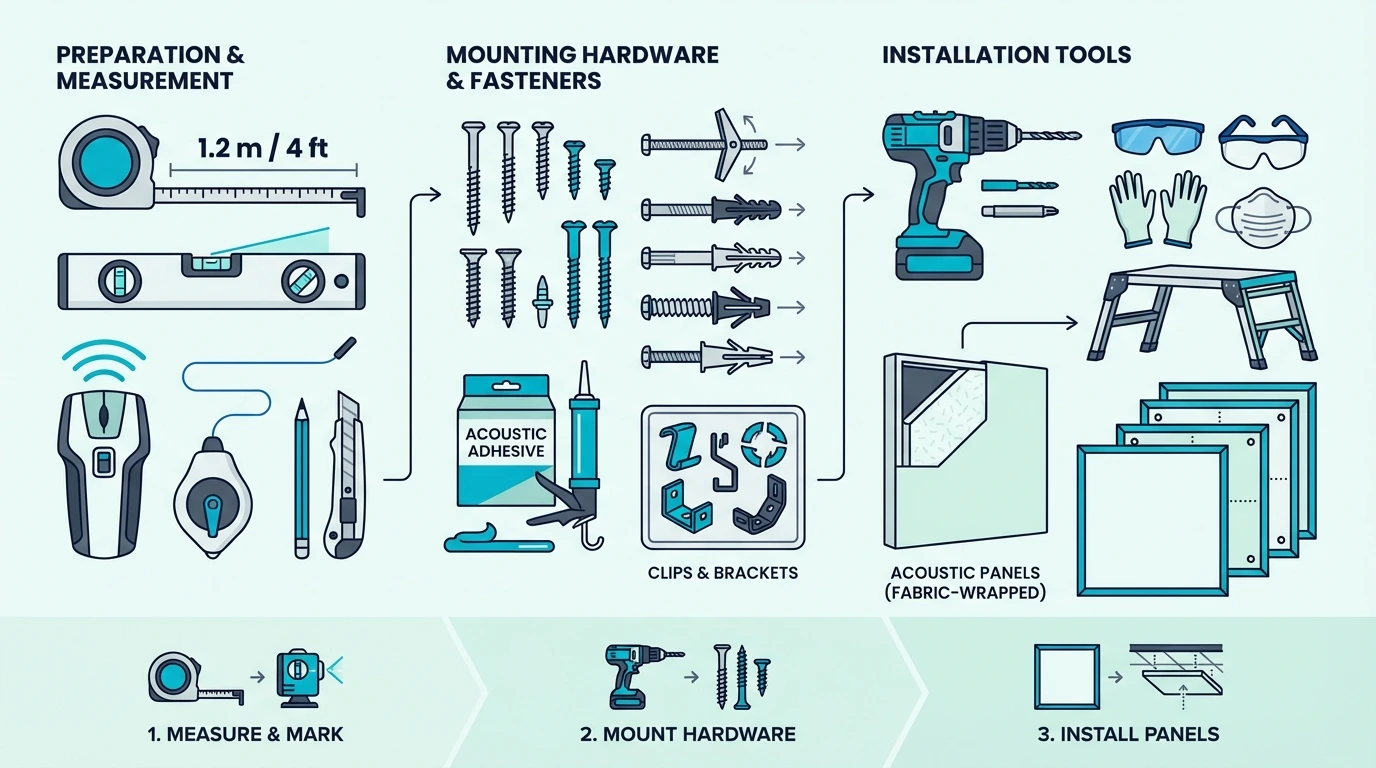 Tools and hardware laid out for ceiling acoustic panel installation