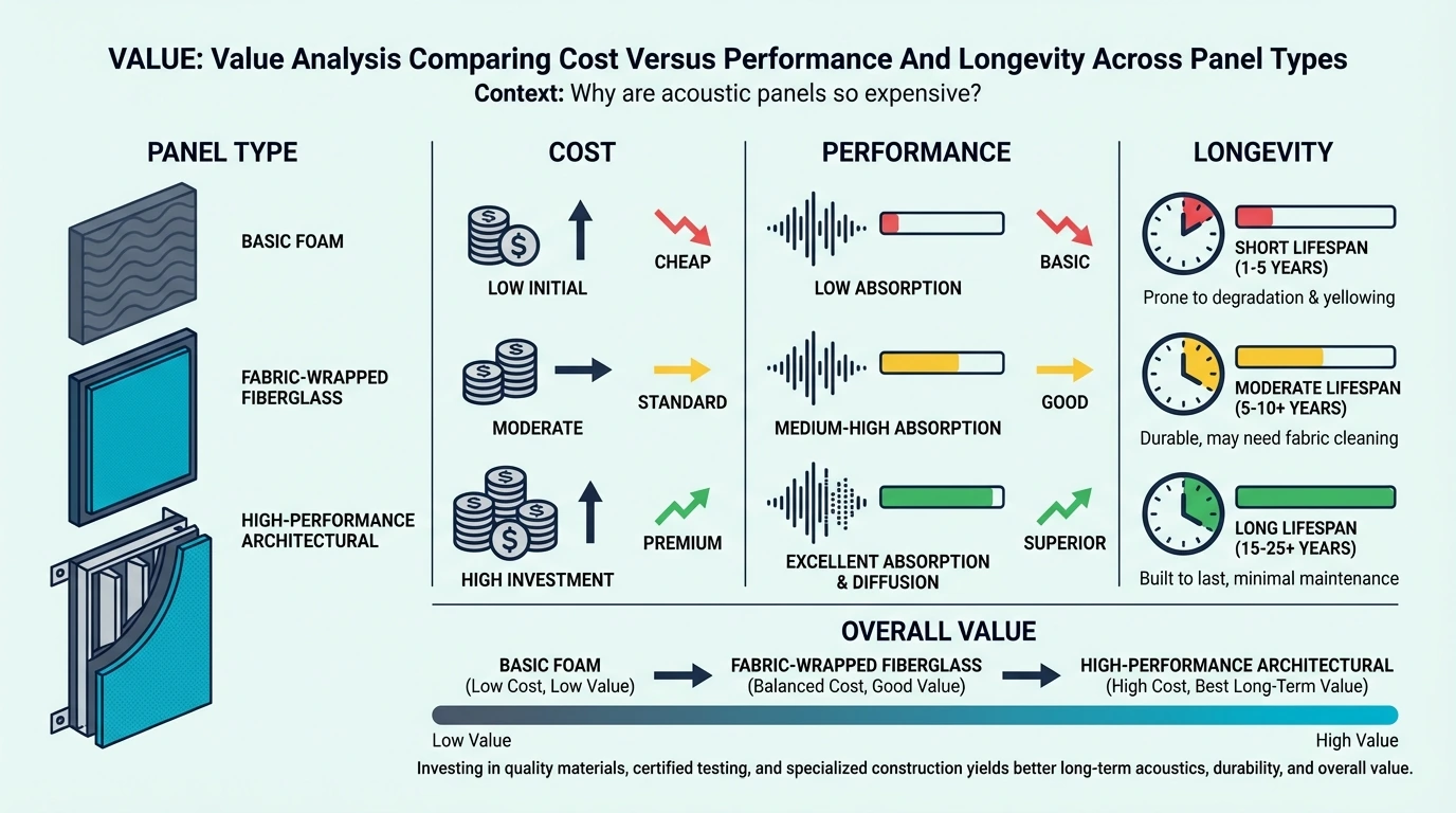 Cost, performance, and longevity comparison across acoustic panel types