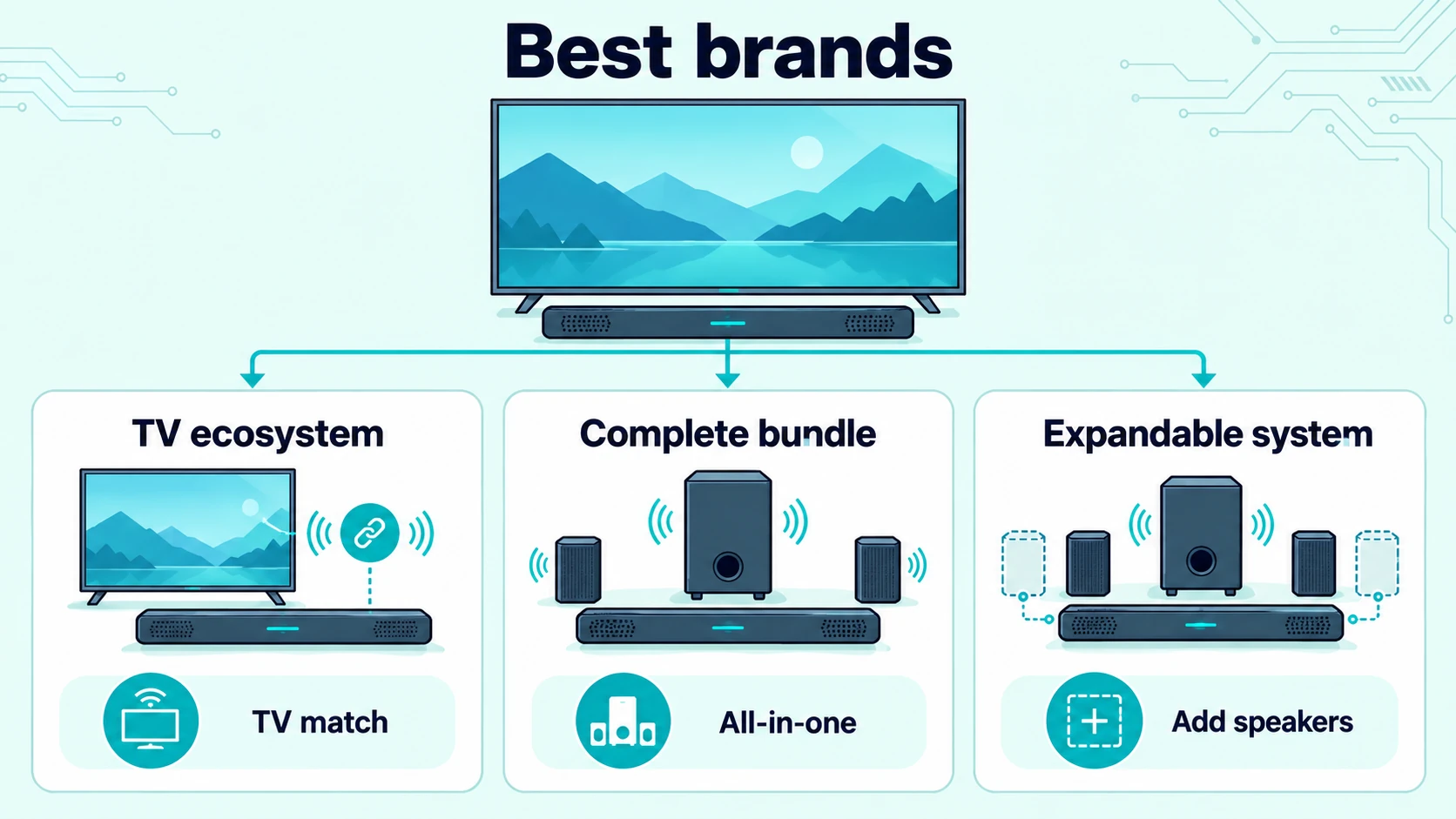 Brand comparison framework for a soundbar with subwoofer, showing TV ecosystem, complete bundle, and expandable system.