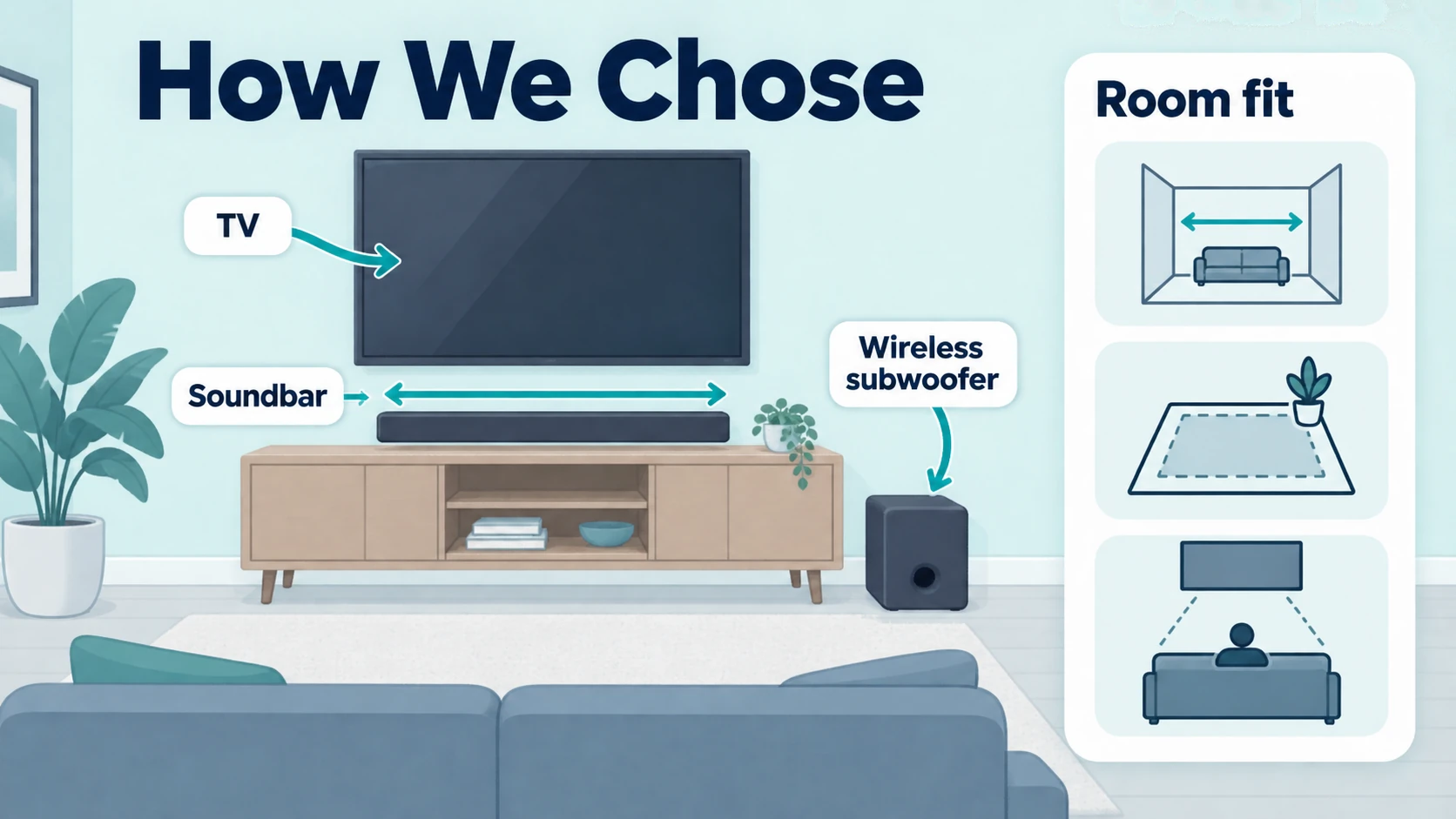Room-fit diagram for choosing the best soundbar with subwoofer, showing TV position, bar width, and wireless subwoofer placement.