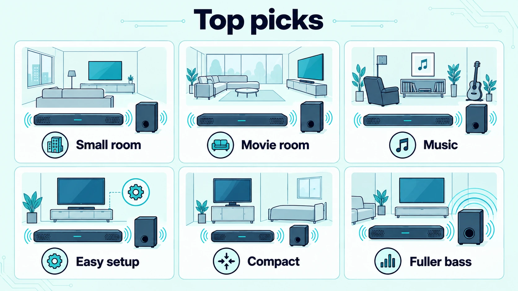 Six soundbar with subwoofer setups matched to different rooms and listening needs.