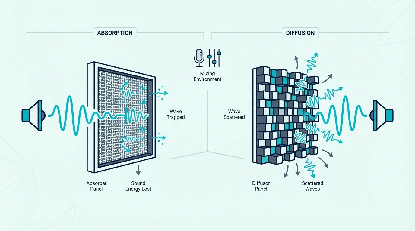 Absorption and diffusion compared for mixing rooms