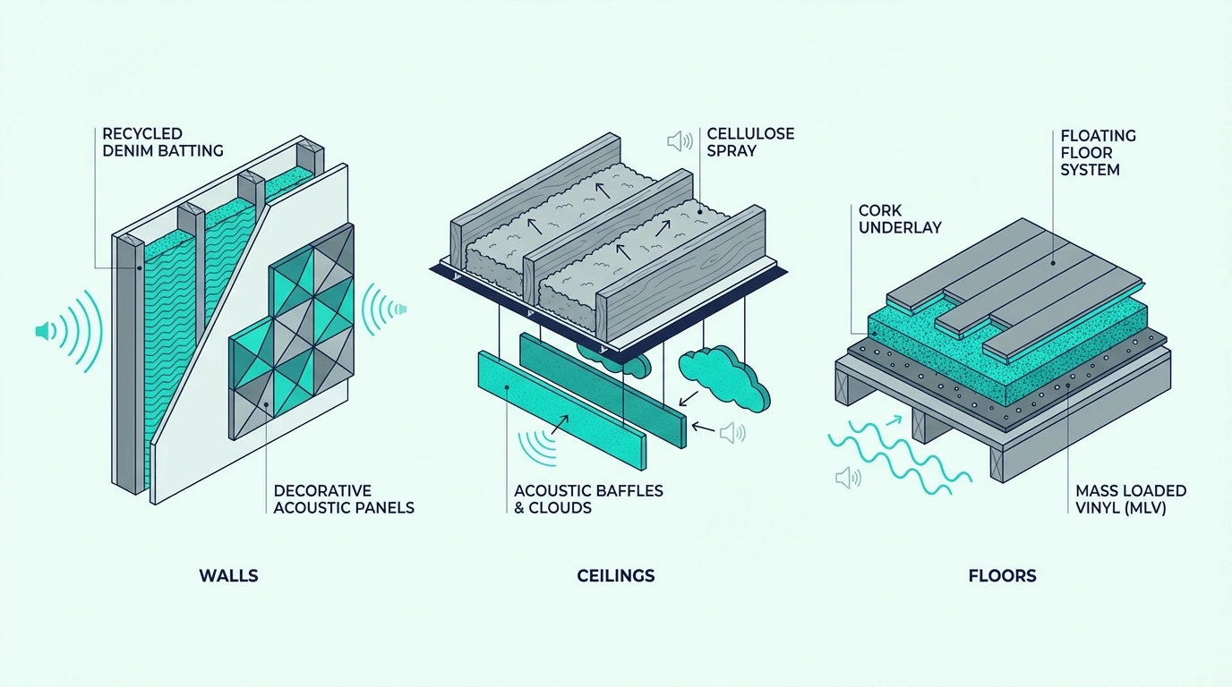 Alternative soundproofing materials organized by surface
