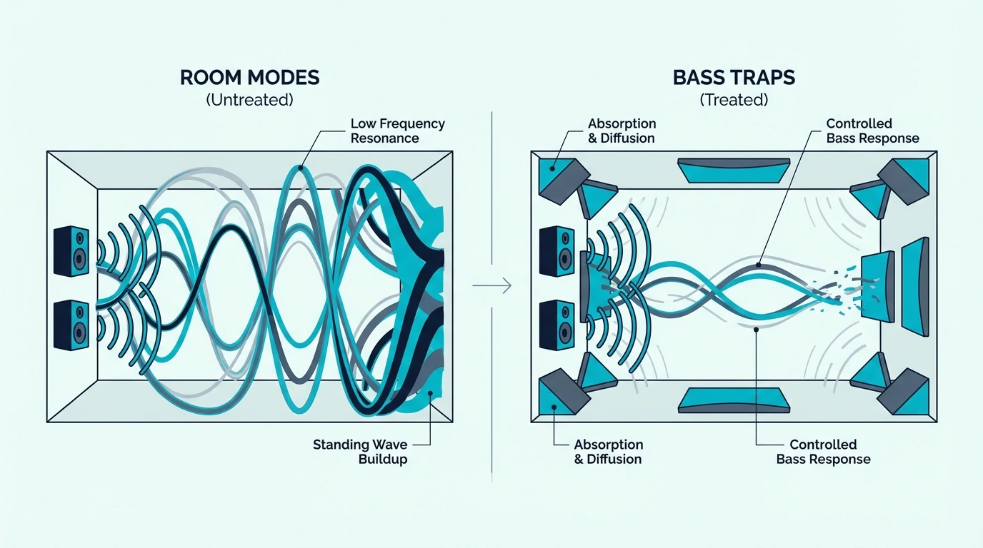 Bass traps controlling room modes inside a room