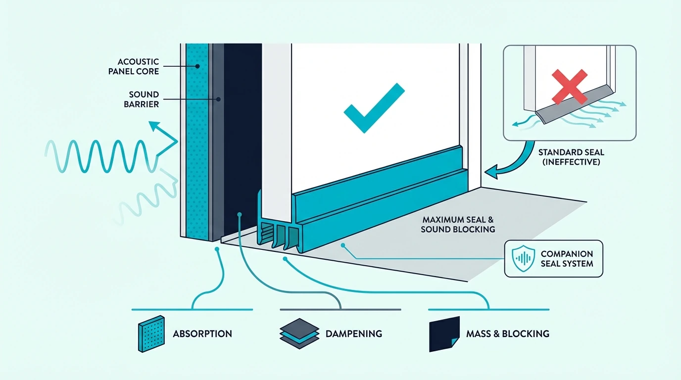 Companion door seal used with a soundproofing door sweep