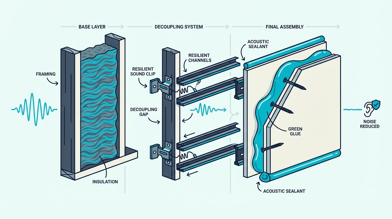 Full soundproof drywall assembly with damping and insulation