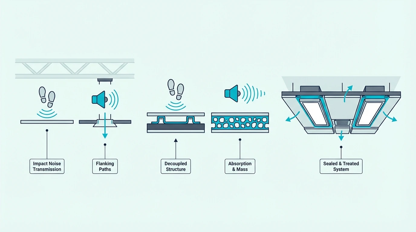Ceiling soundproofing challenges from impact and airborne noise
