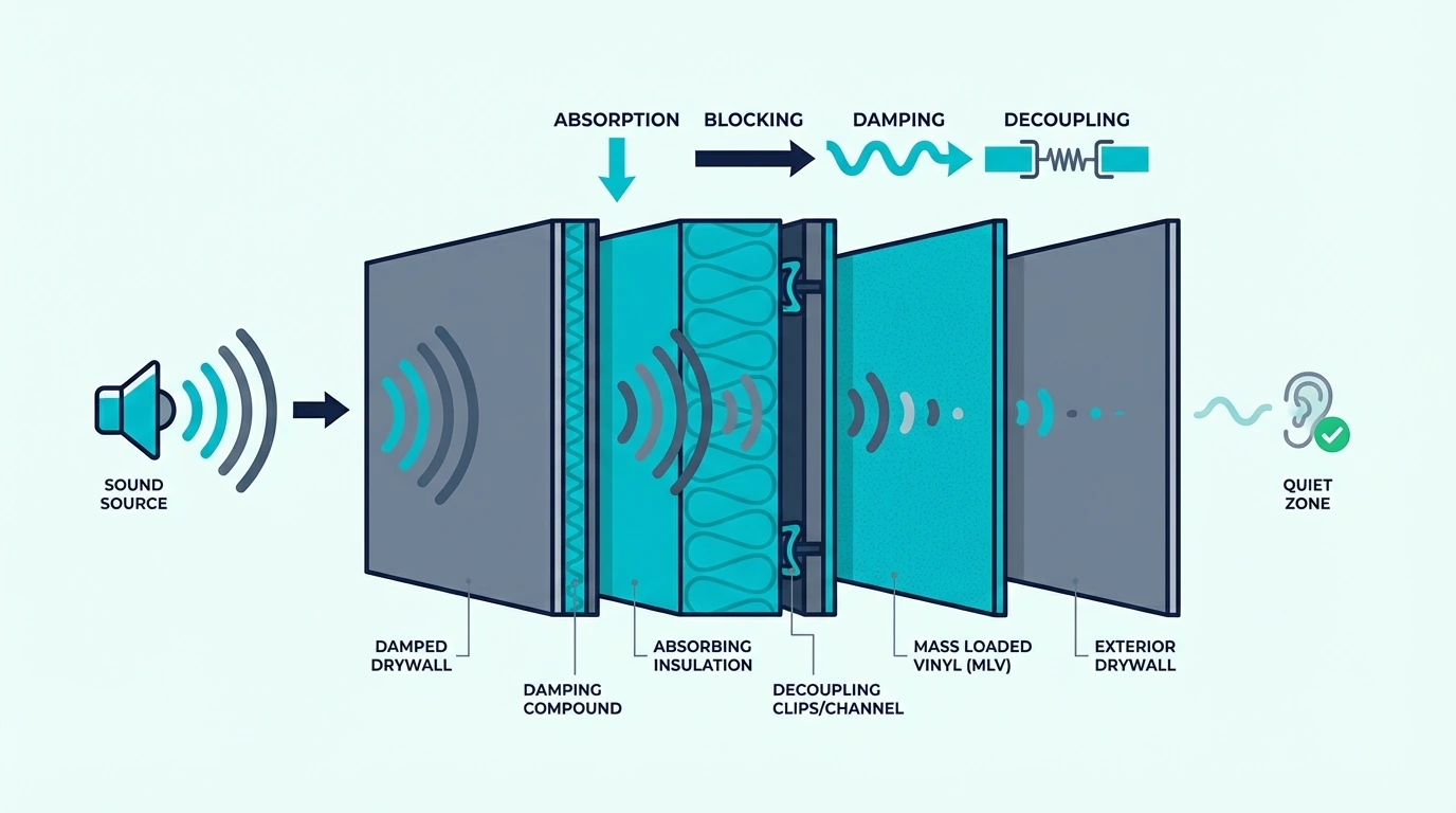 Complete soundproofing system with insulation and wall layers