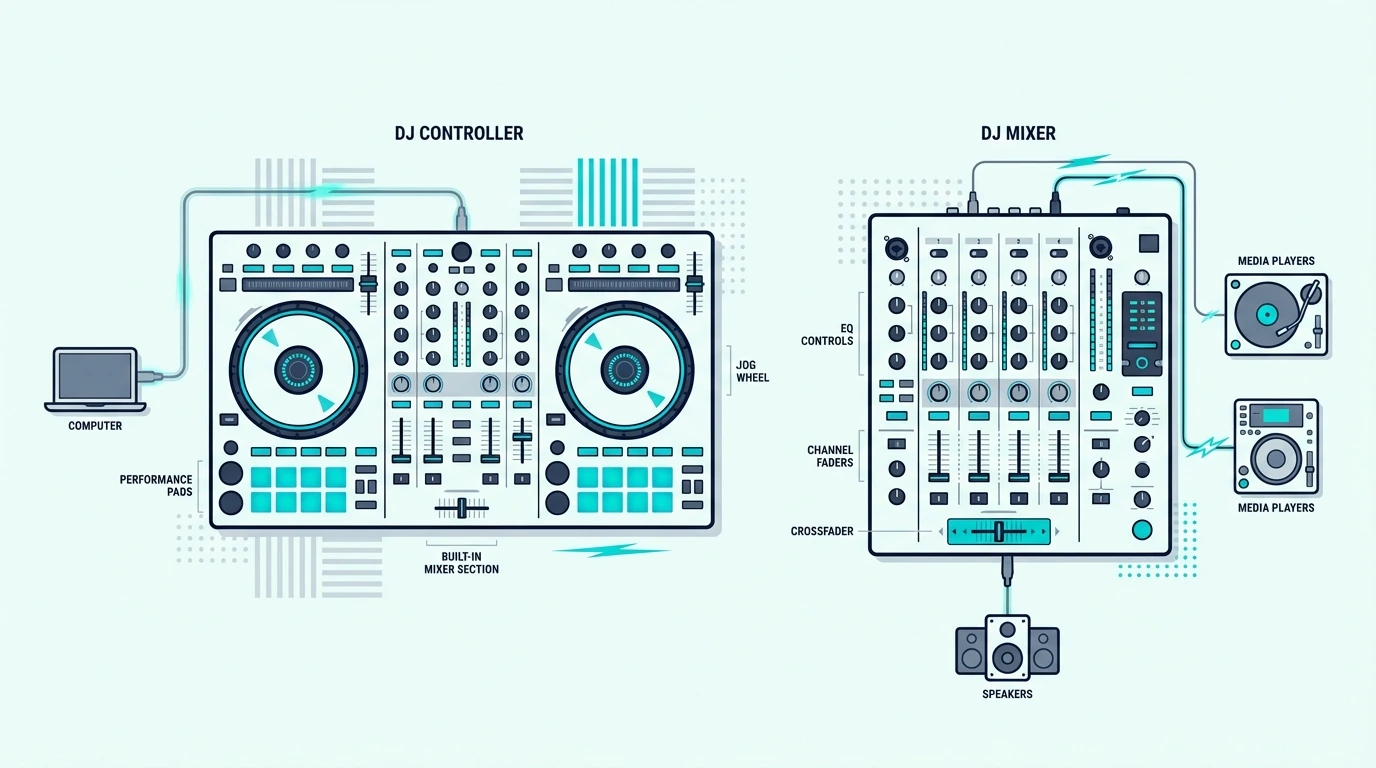 DJ controller and mixer compared side by side