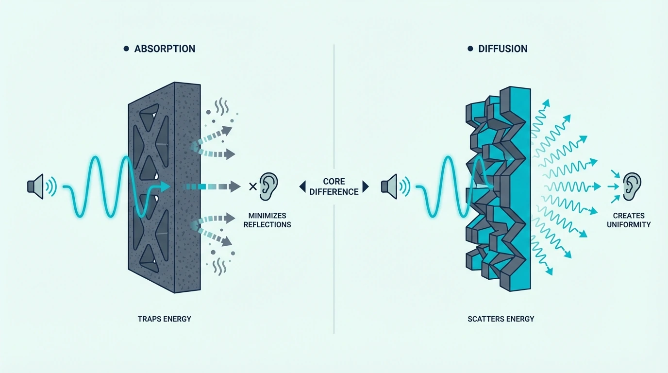 Core difference between sound absorption and diffusion