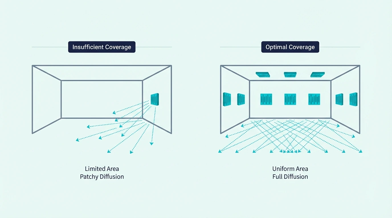Coverage overview for how many sound diffusers a room needs