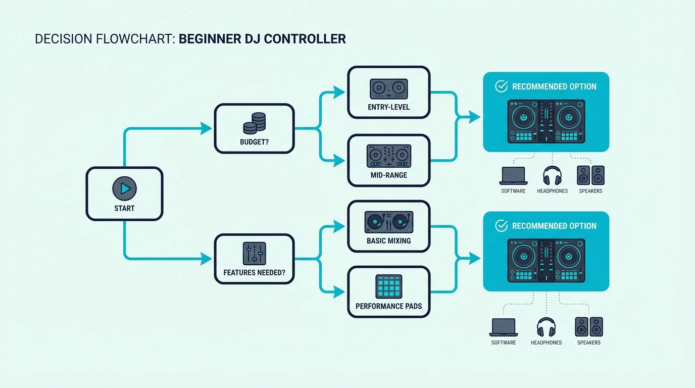 Decision flowchart for choosing a beginner DJ controller
