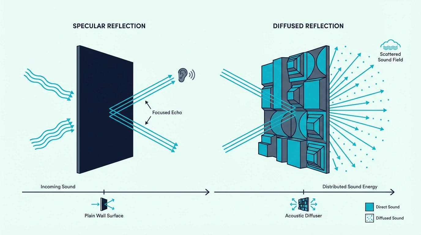 Concept diagram explaining what a sound diffuser does