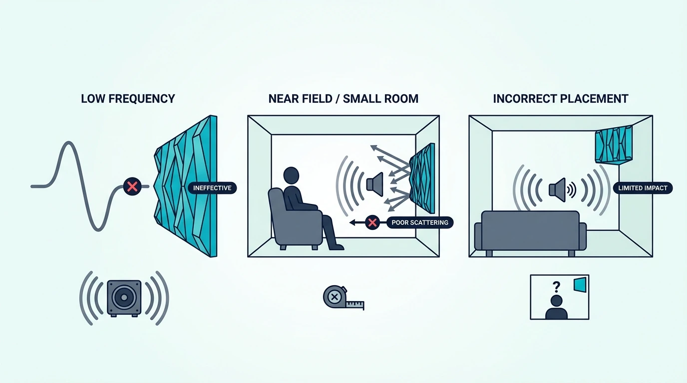 Limitations of sound diffusers in small or untreated rooms