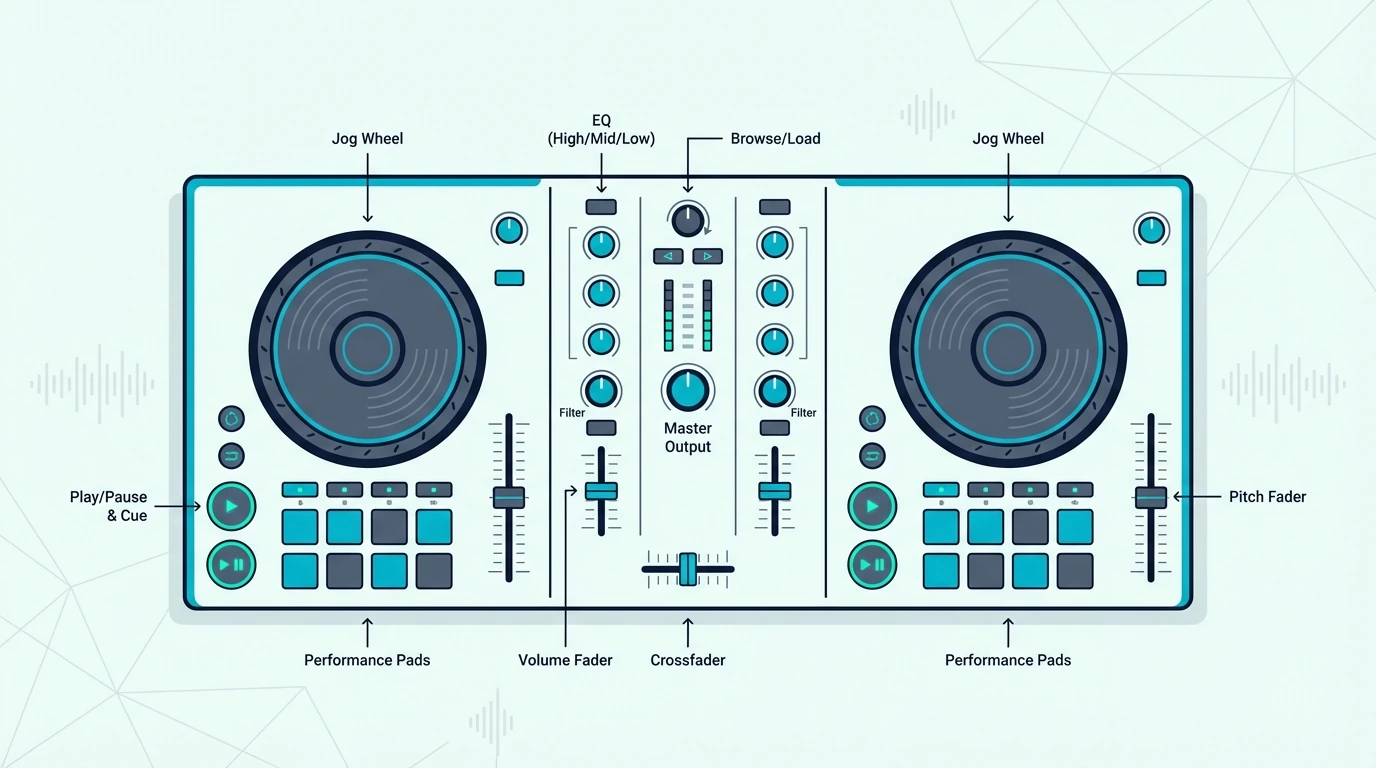 Anatomy diagram of a DJ controller
