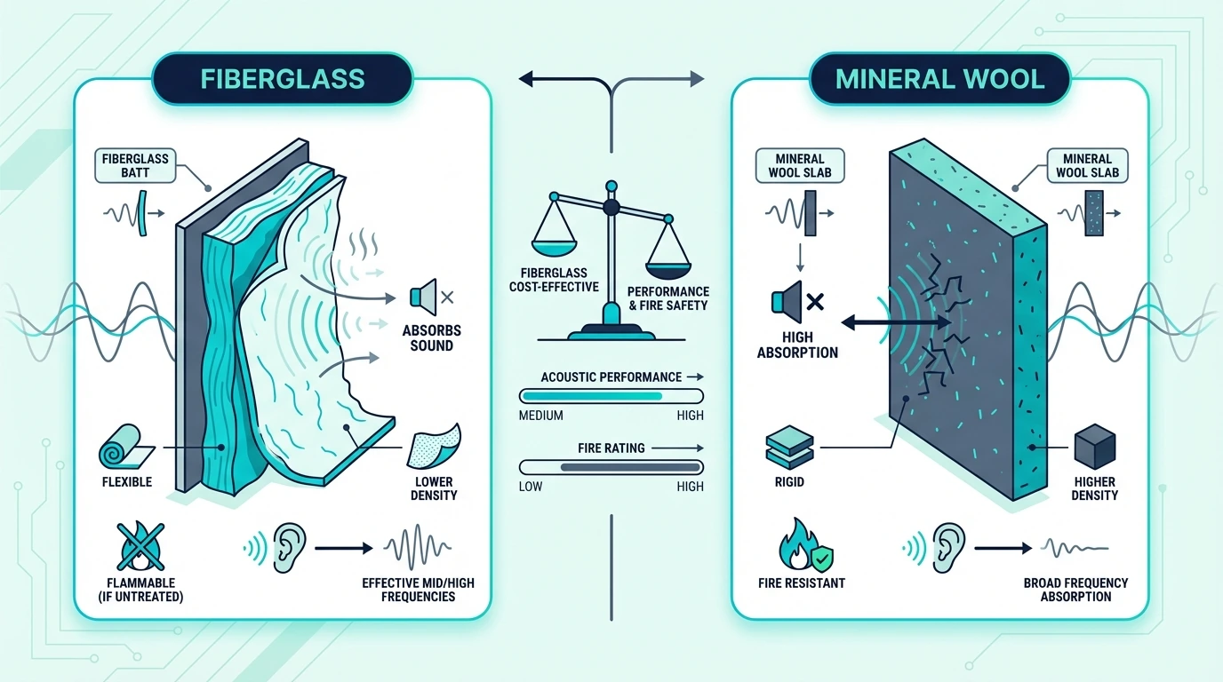 Fiberglass and mineral wool compared for acoustic treatment