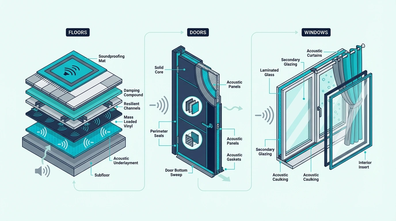 Soundproofing materials for floors, doors, and windows