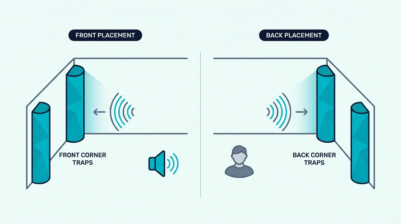 Front corner and back corner bass trap placement compared