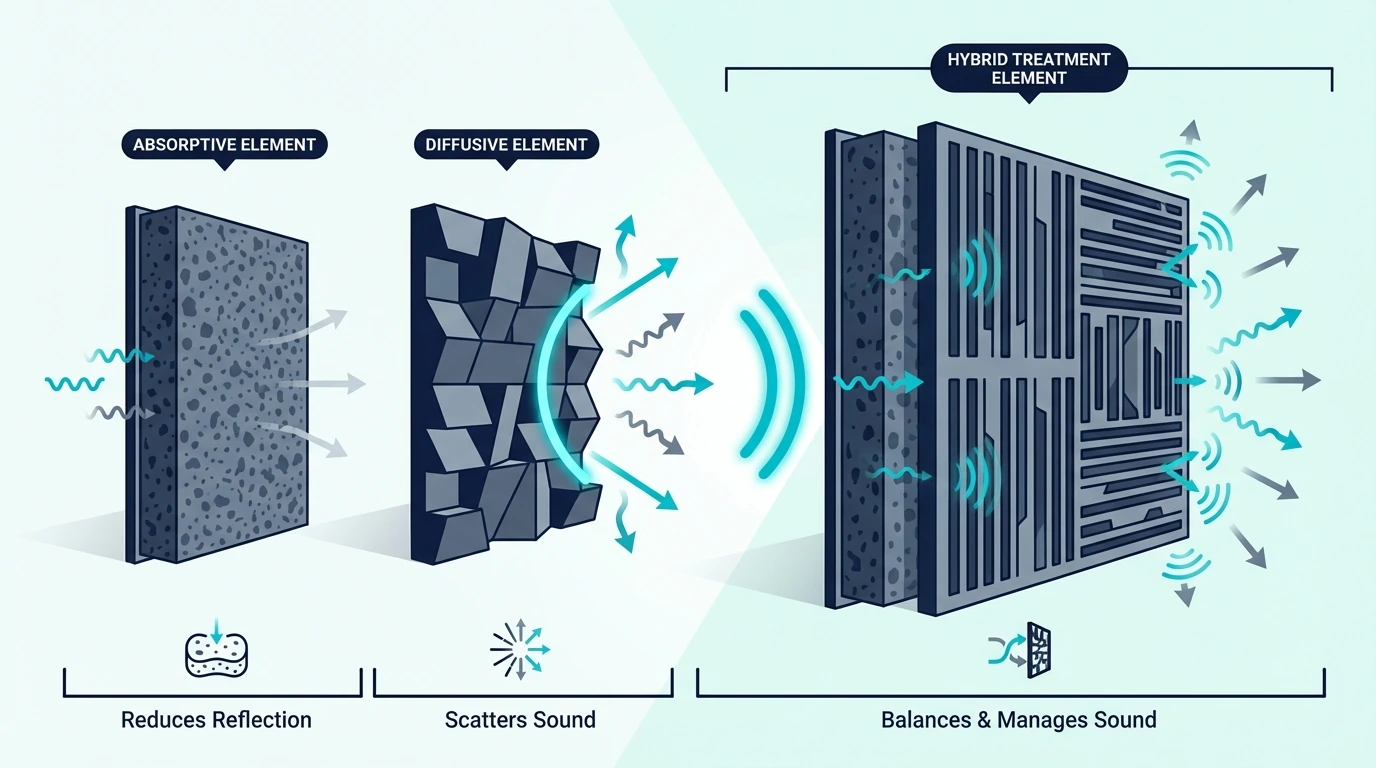 Hybrid acoustic treatment using absorption and diffusion