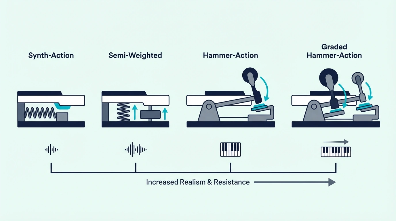 Key action types for weighted MIDI keyboards