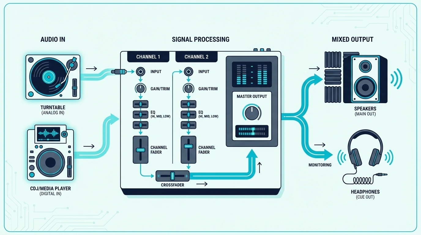 Signal flow through a DJ mixer