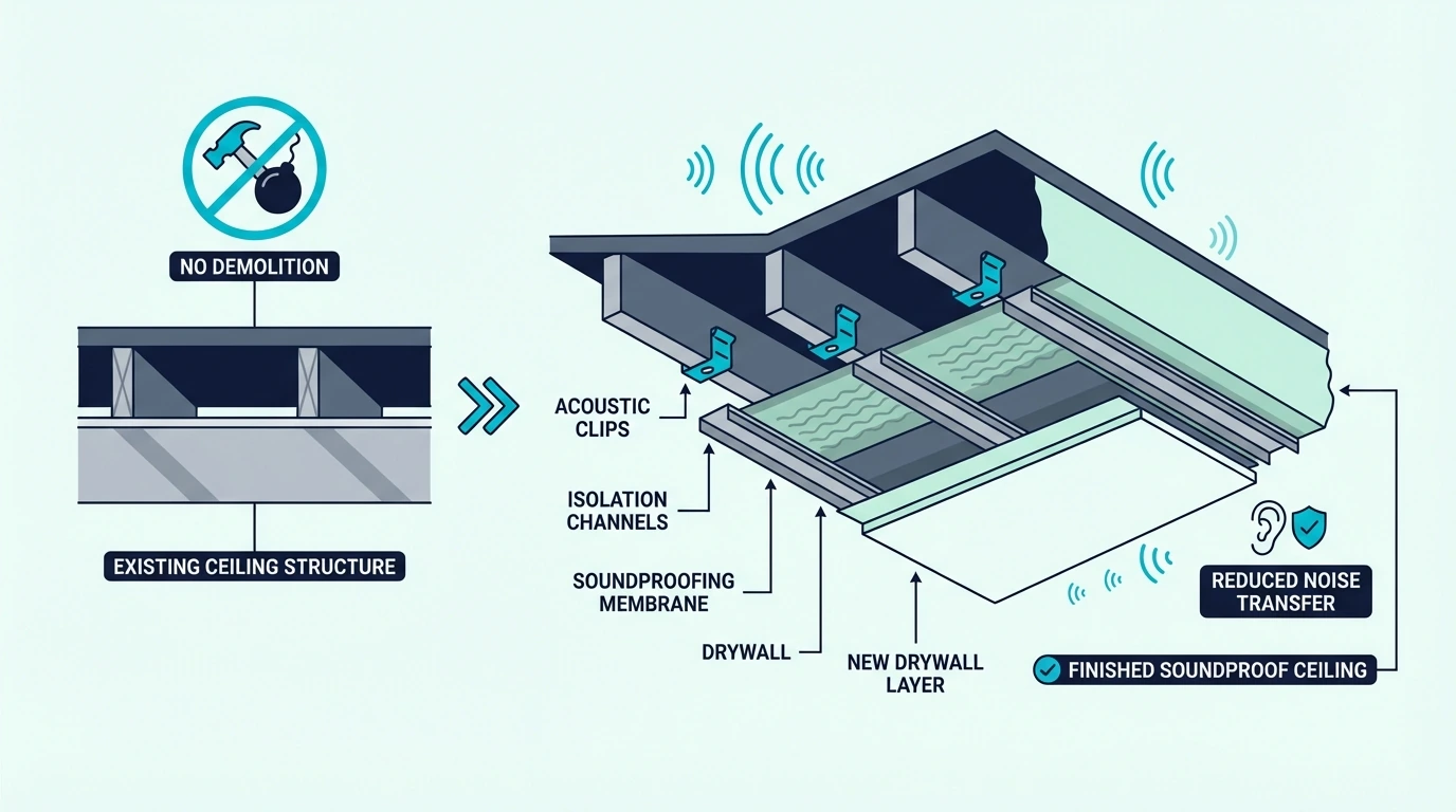 No-demolition ceiling soundproofing methods