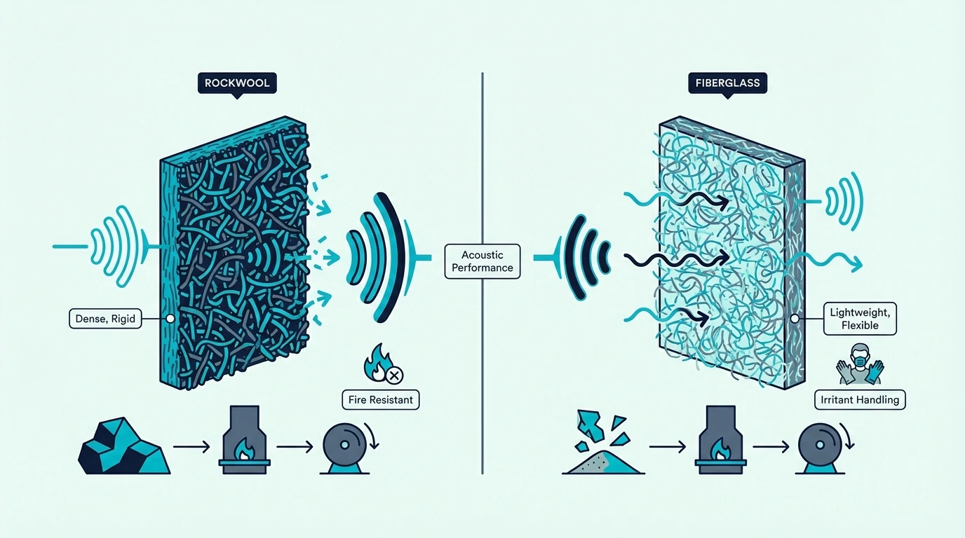 Rockwool and fiberglass compared for acoustic treatment