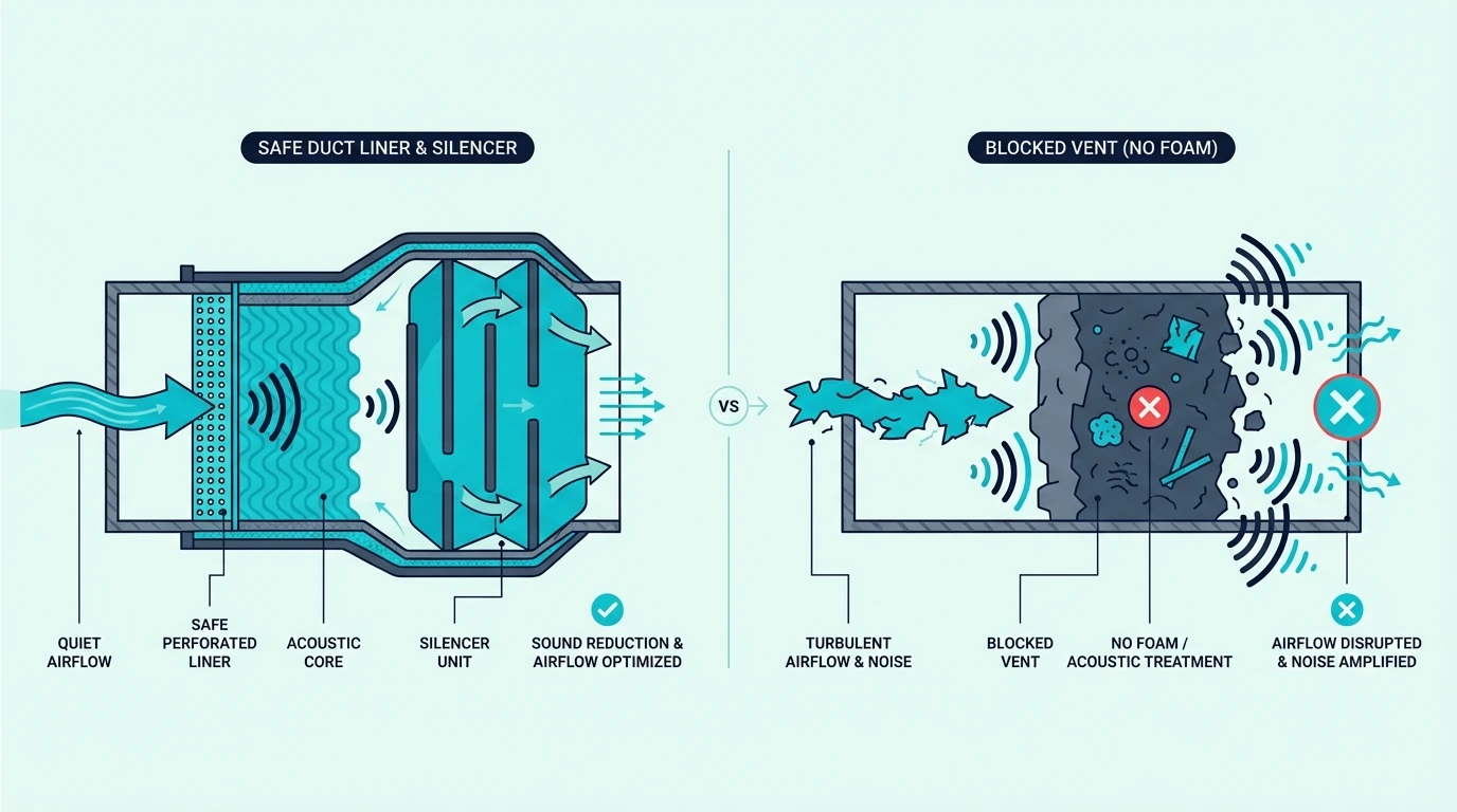 Safe duct liner and silencer compared with blocking a vent