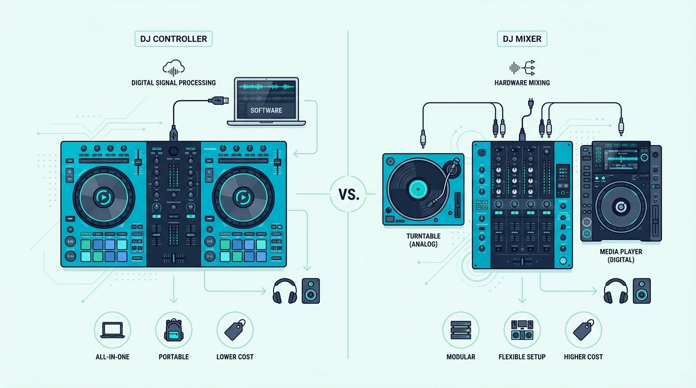 DJ controller and mixer compared side by side