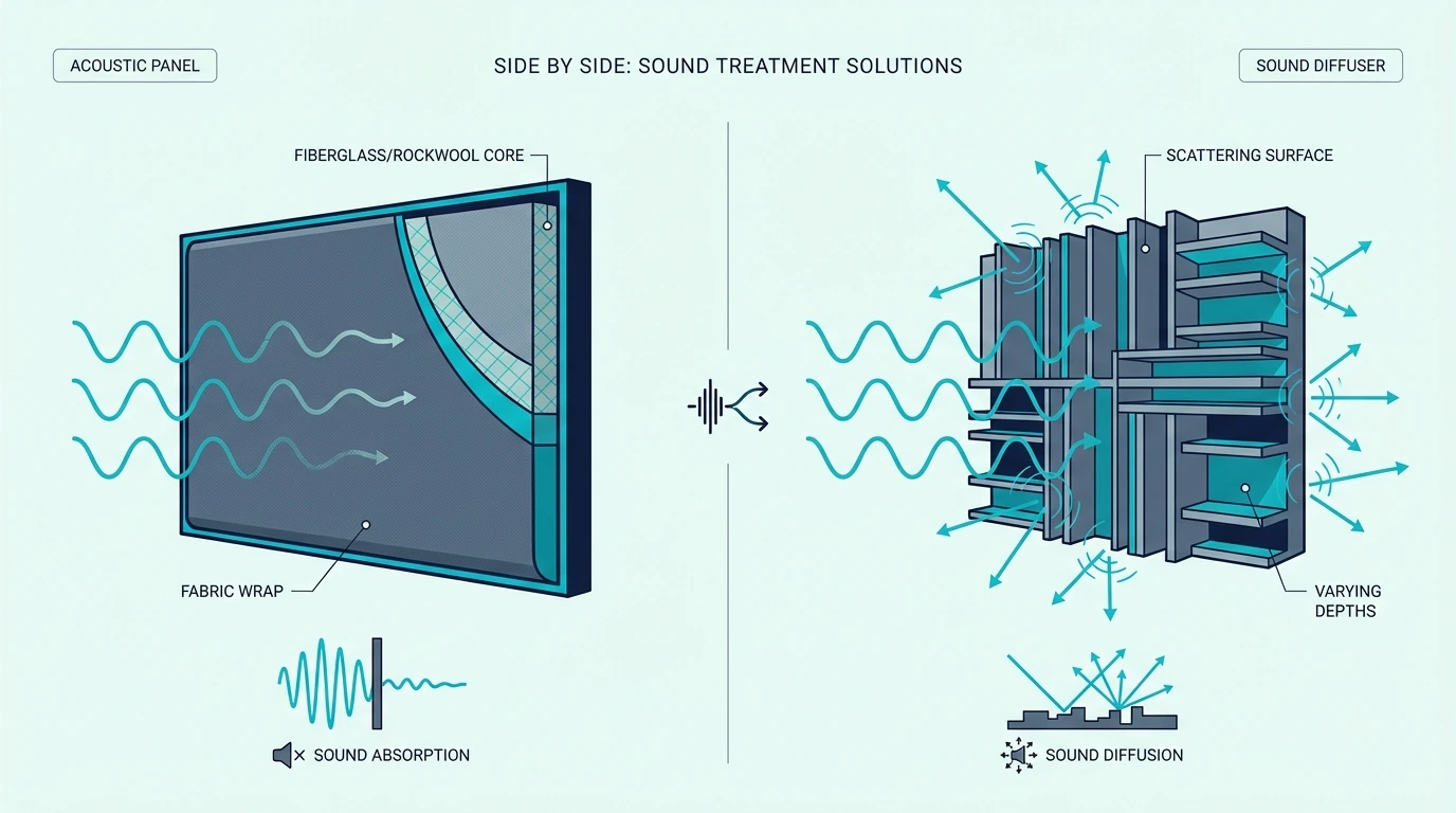 Sound diffuser and acoustic panel compared side by side
