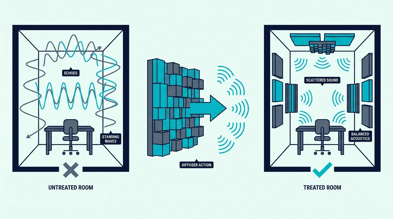 Small room acoustic challenge for sound diffusers
