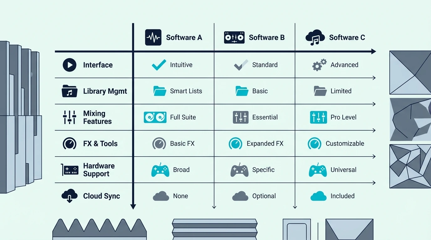 Comparison grid of DJ mixing software options