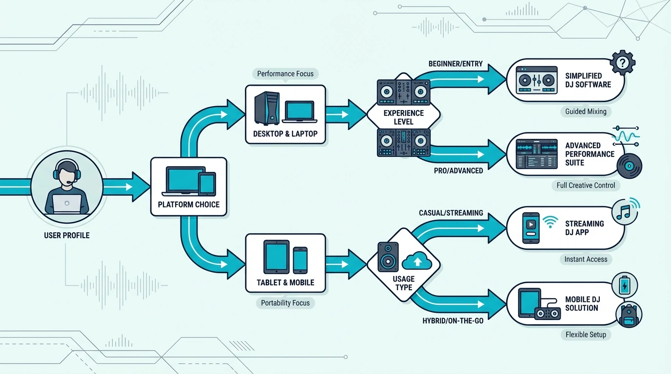 Decision flowchart for choosing DJ mixing software