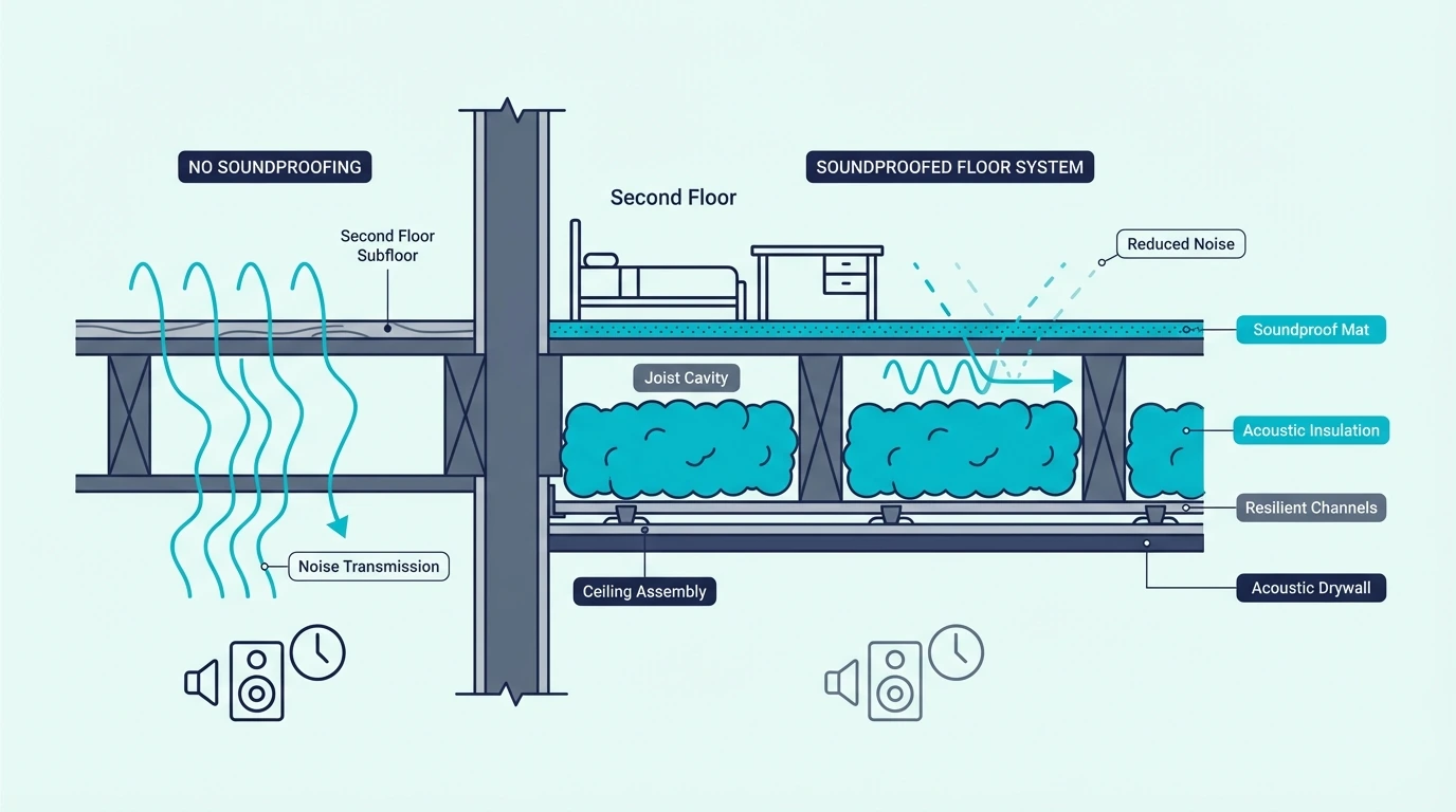 Second-floor soundproofing for footsteps and voices