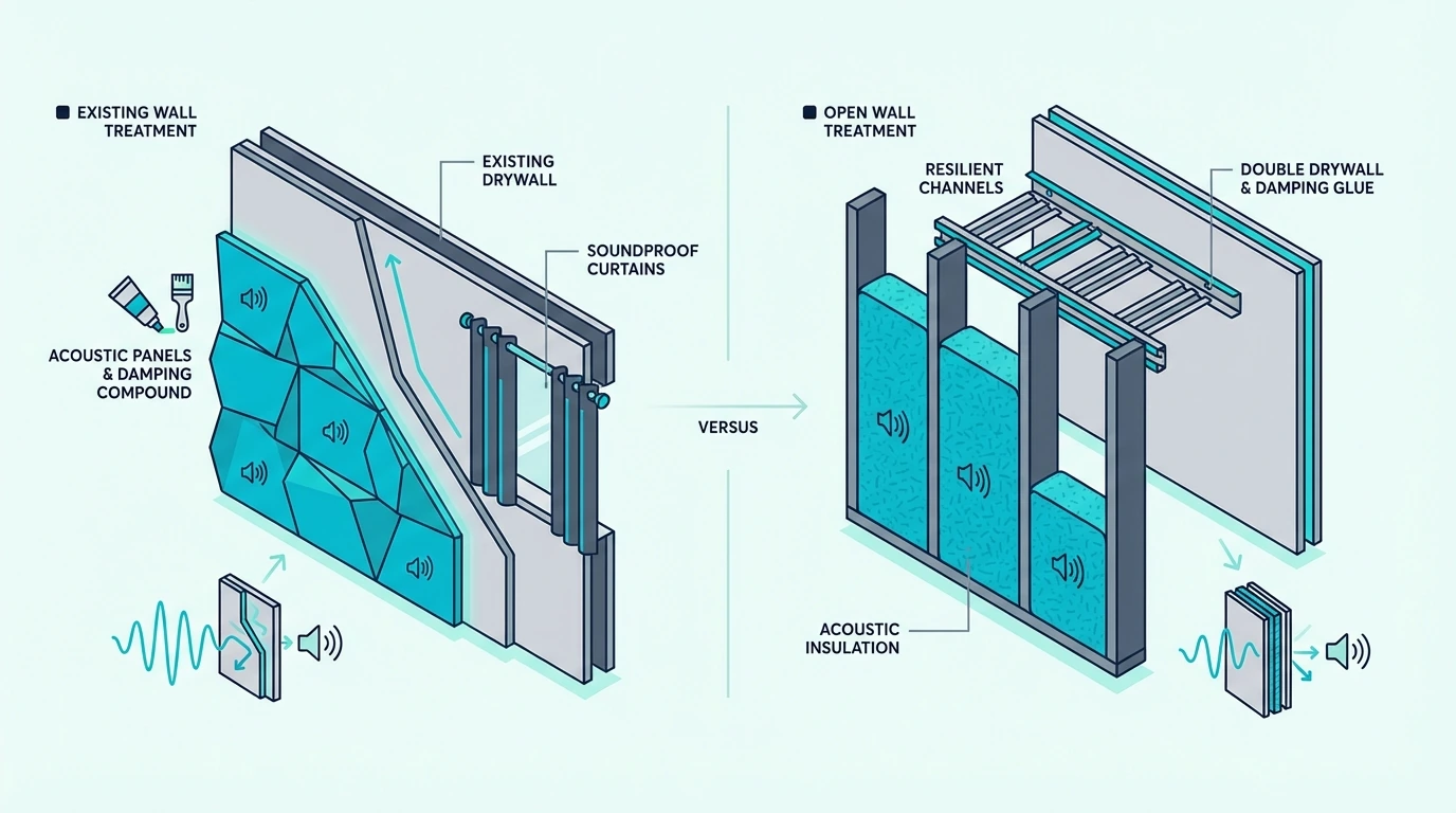 Open-wall methods for soundproofing an existing wall