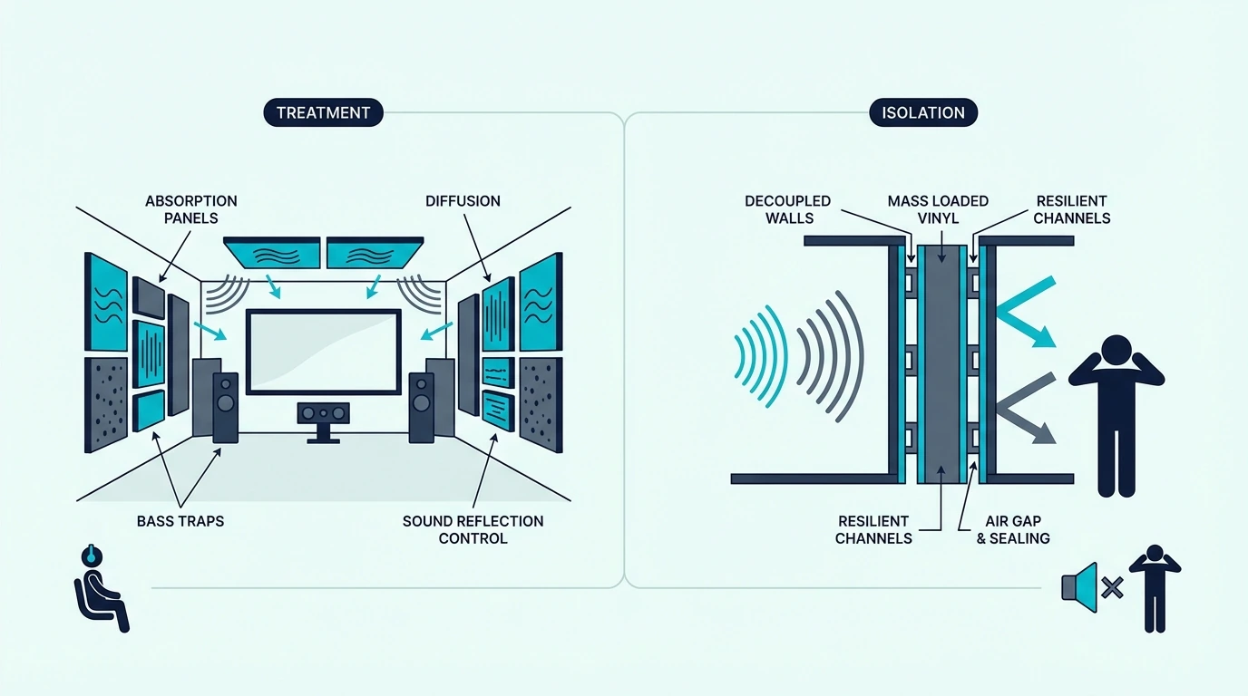 Acoustic treatment versus sound isolation in a home theatre